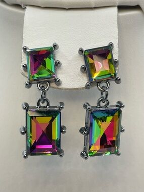 Gunmetal AB Crystal Drop Earrings Emerald Cut Rainbow Prism Statement